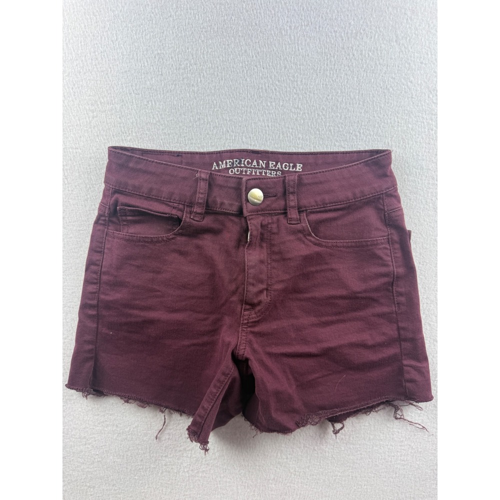 American Eagle Hi-Rise Shortie Burgundy Maroon Raw Hem  Shorts Women's Size 2